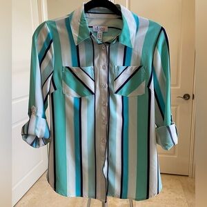 Blue Aqua White Striped button up collared shirt size XXS Denim and Company